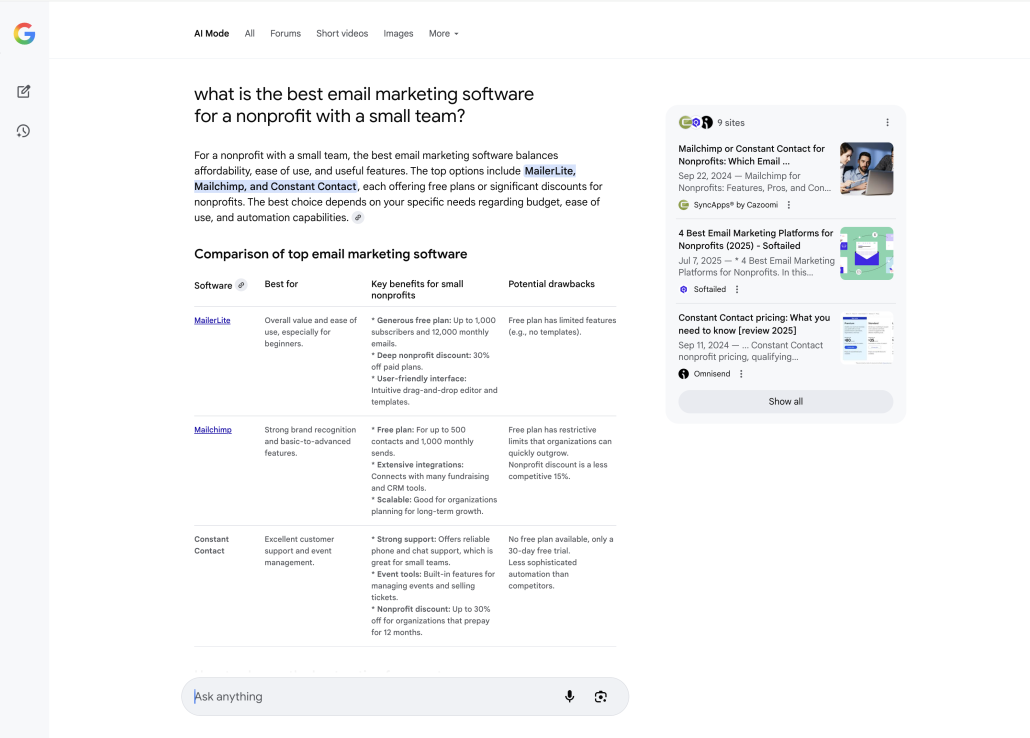Estland_GoogleAIMode_Screenshot A screenshot of a Google search query in Google's AI mode.