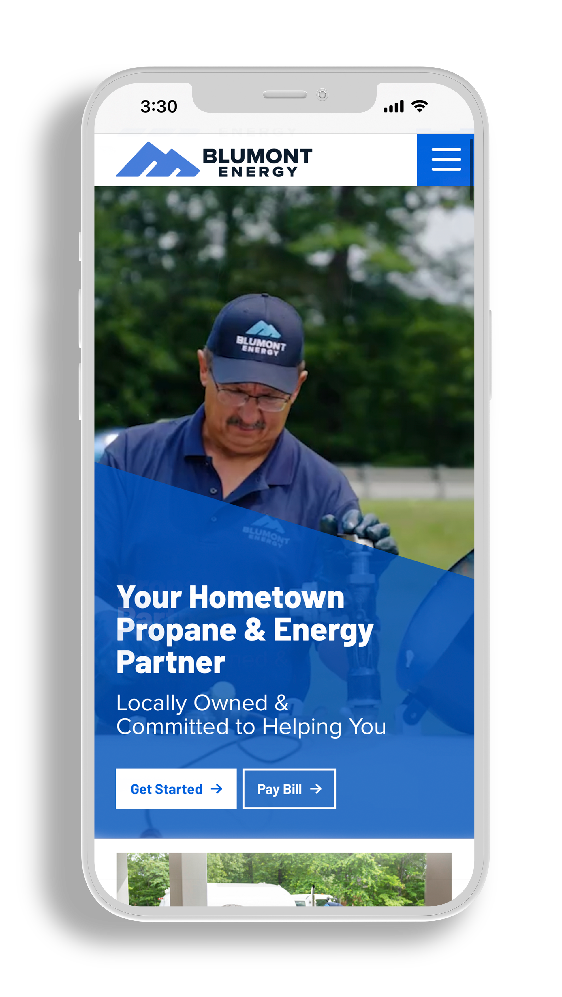 Cell phone mockup of mobile website homepage design for Blumont Energy. The headline reads 