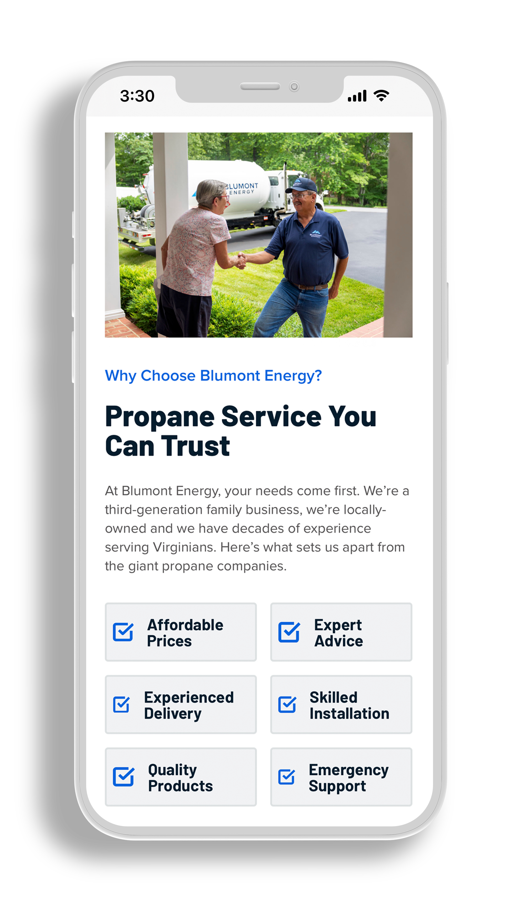 Cell phone mockup of mobile website design for Blumont Energy. The headline reads 