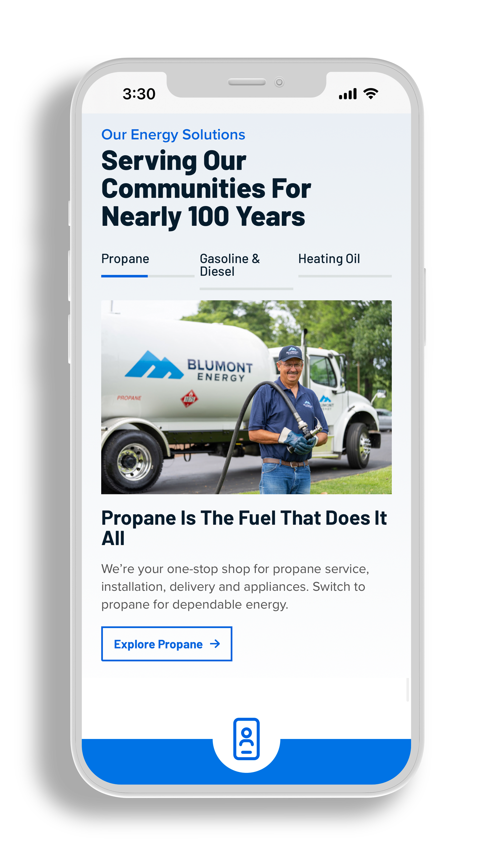 Cell phone mockup of mobile website design for Blumont Energy. The headline reads 