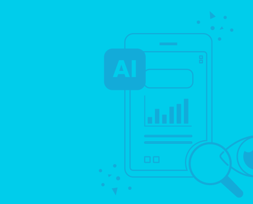 Illustration of a phone with a graph on it with "AI" in a corner that communicates how AI is aiding in SEO.