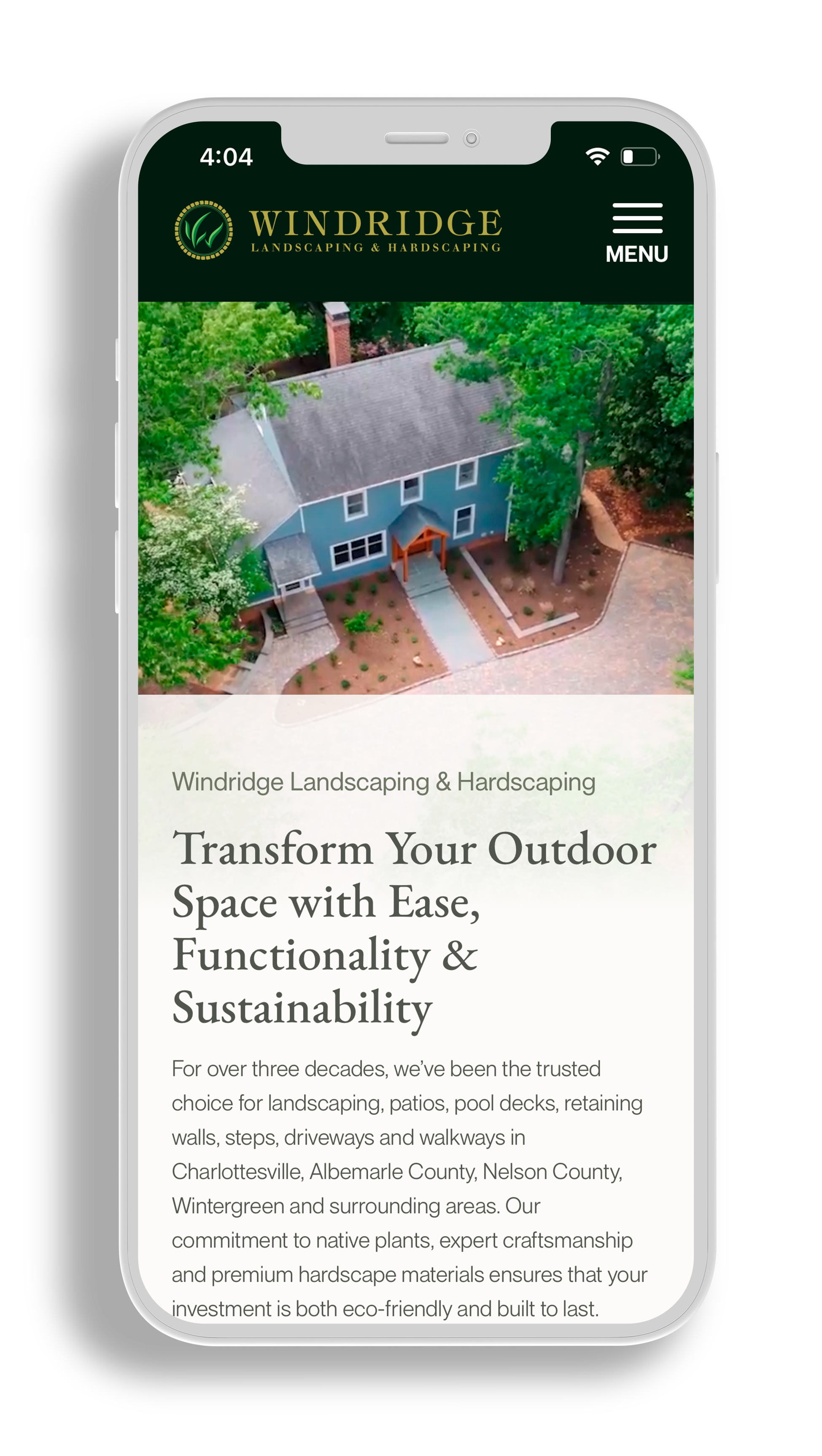 Cell phone mockup of mobile website design for Windridge Landscaping & Hardscaping. The headline reads 