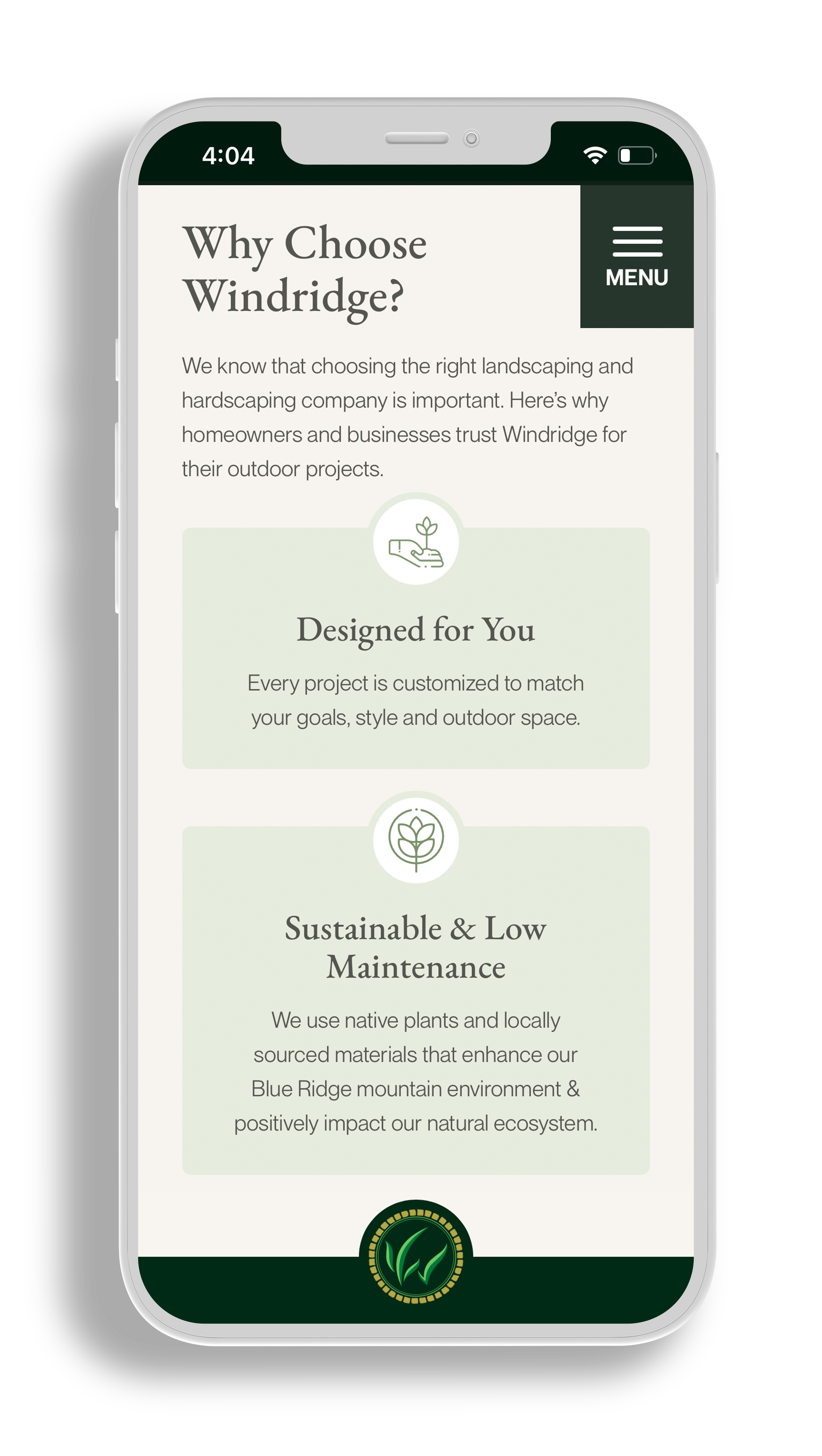 Cell phone mockup of mobile website design for Windridge Landscaping & Hardscaping. The headline reads 