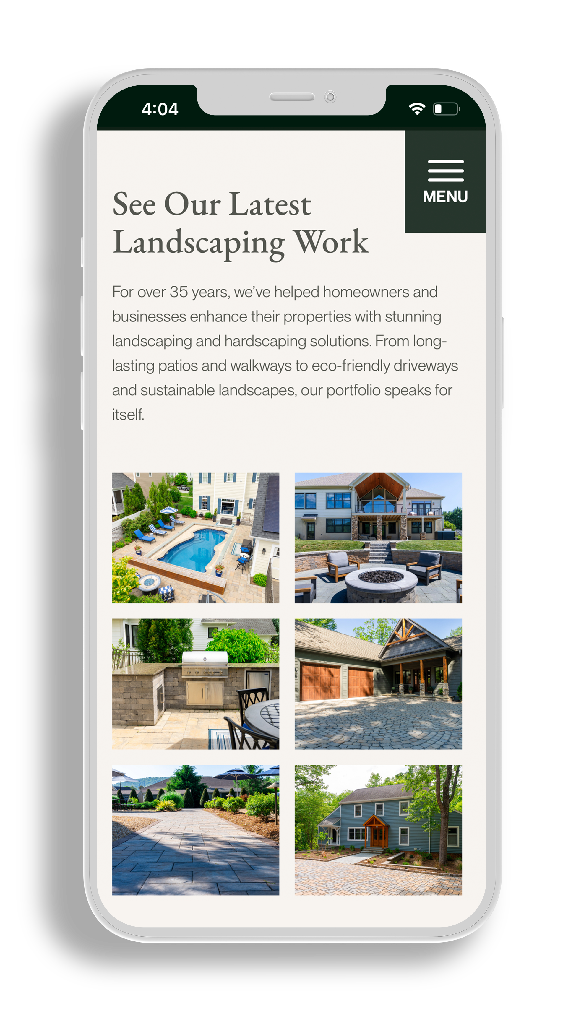 Cell phone mockup of mobile website design for Windridge Landscaping & Hardscaping. The headline reads 