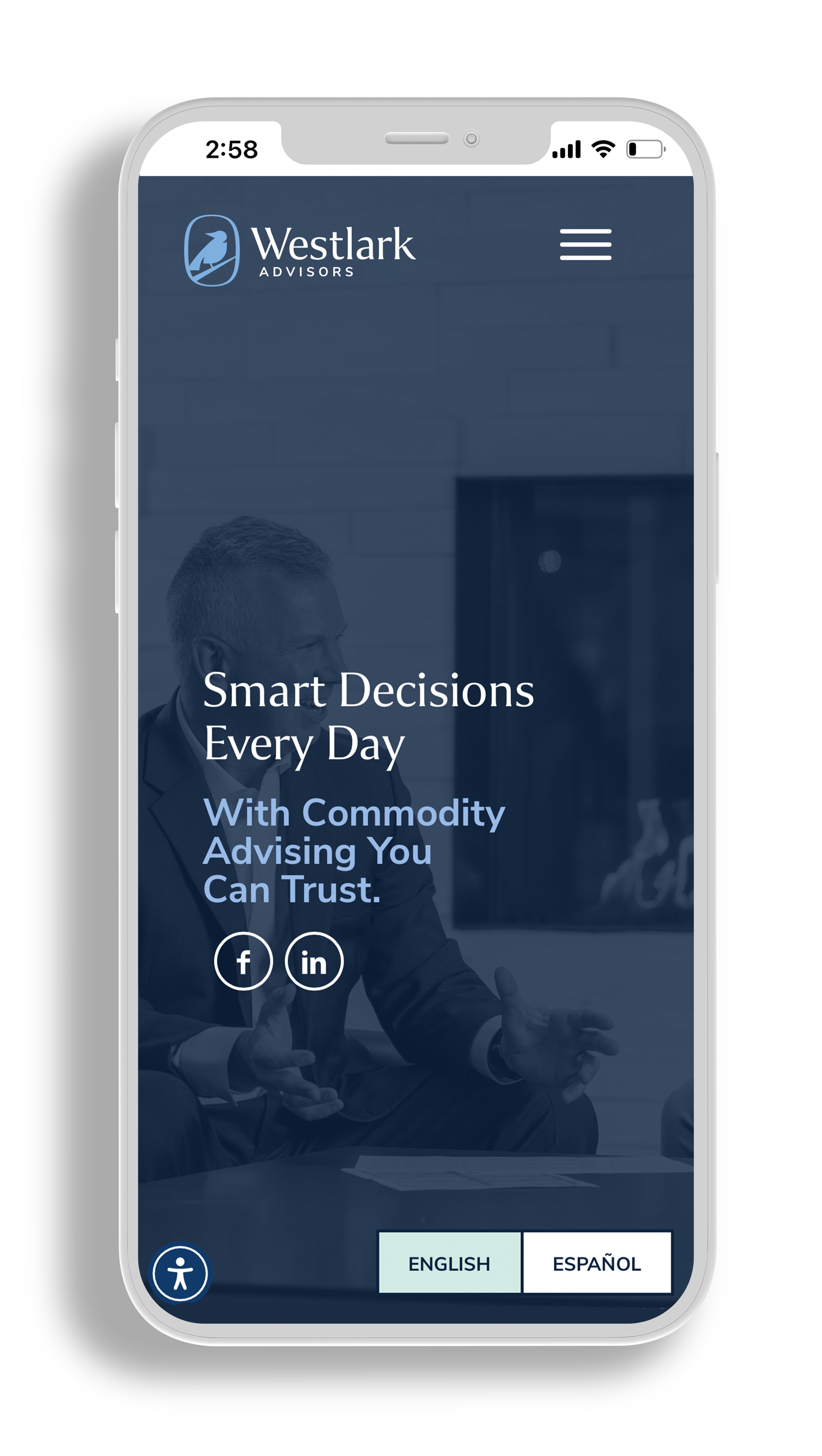 Cell phone mockup of mobile website design for Westlark Advisors. The headline reads 
